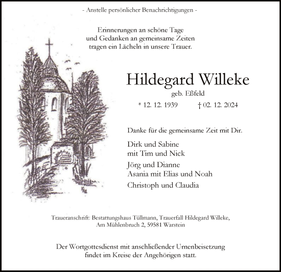 Traueranzeige von Hildegard Willeke von WA