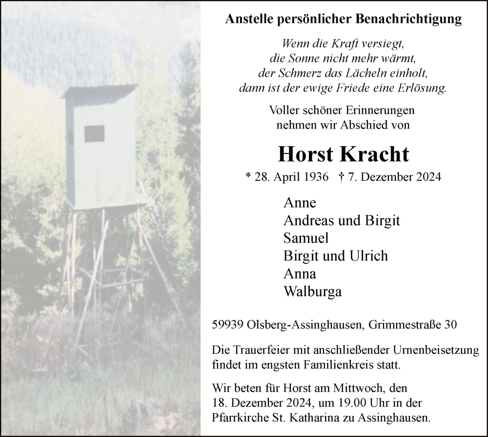  Traueranzeige für Horst Kracht vom 14.12.2024 aus WA