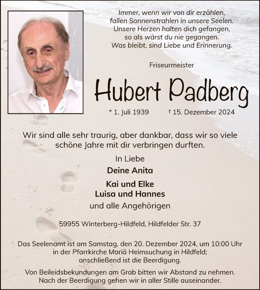  Traueranzeige für Hubert Padberg vom 21.12.2024 aus WA