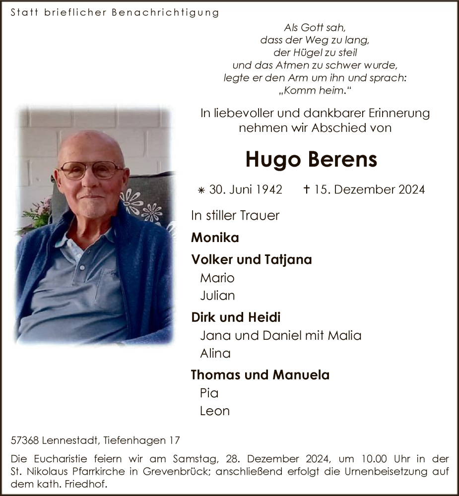  Traueranzeige für Hugo Berens vom 21.12.2024 aus WA