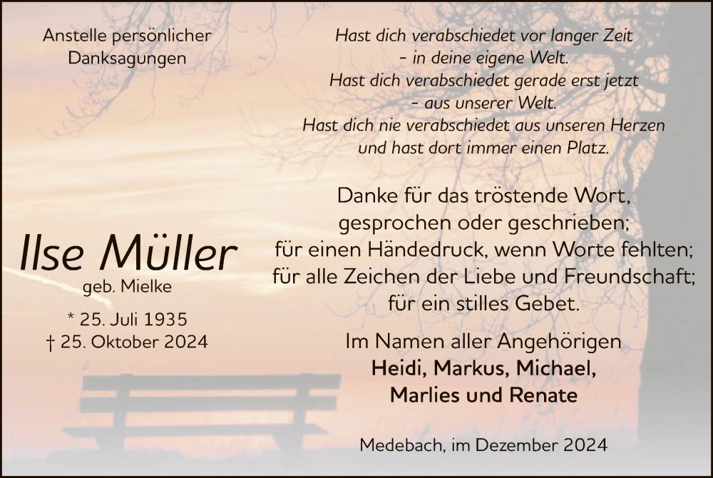  Traueranzeige für Ilse Müller vom 21.12.2024 aus WA