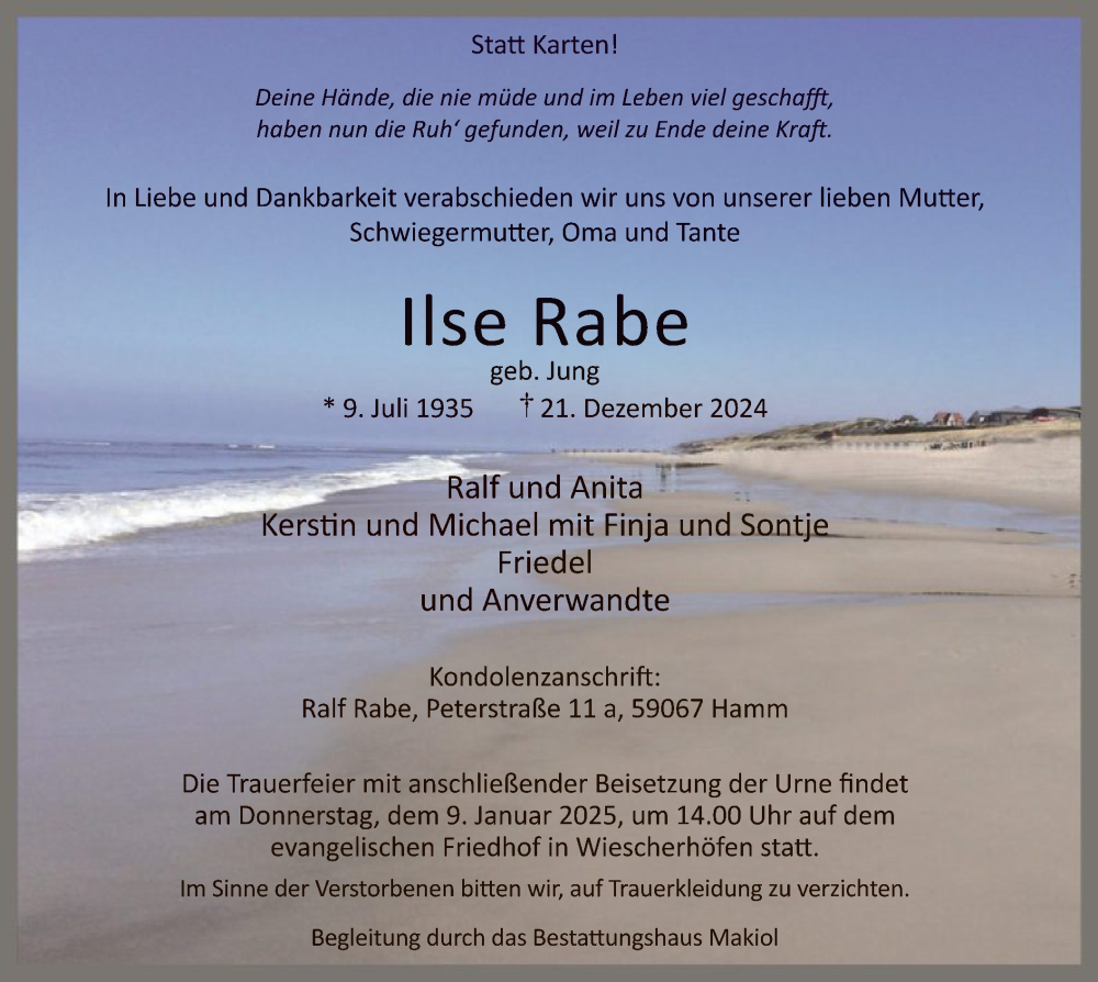  Traueranzeige für Ilse Rabe vom 28.12.2024 aus WA