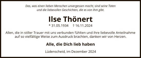 Traueranzeige von Ilse Thönert von WA