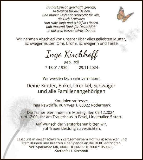 Traueranzeige von Inge Kirchhoff von WA