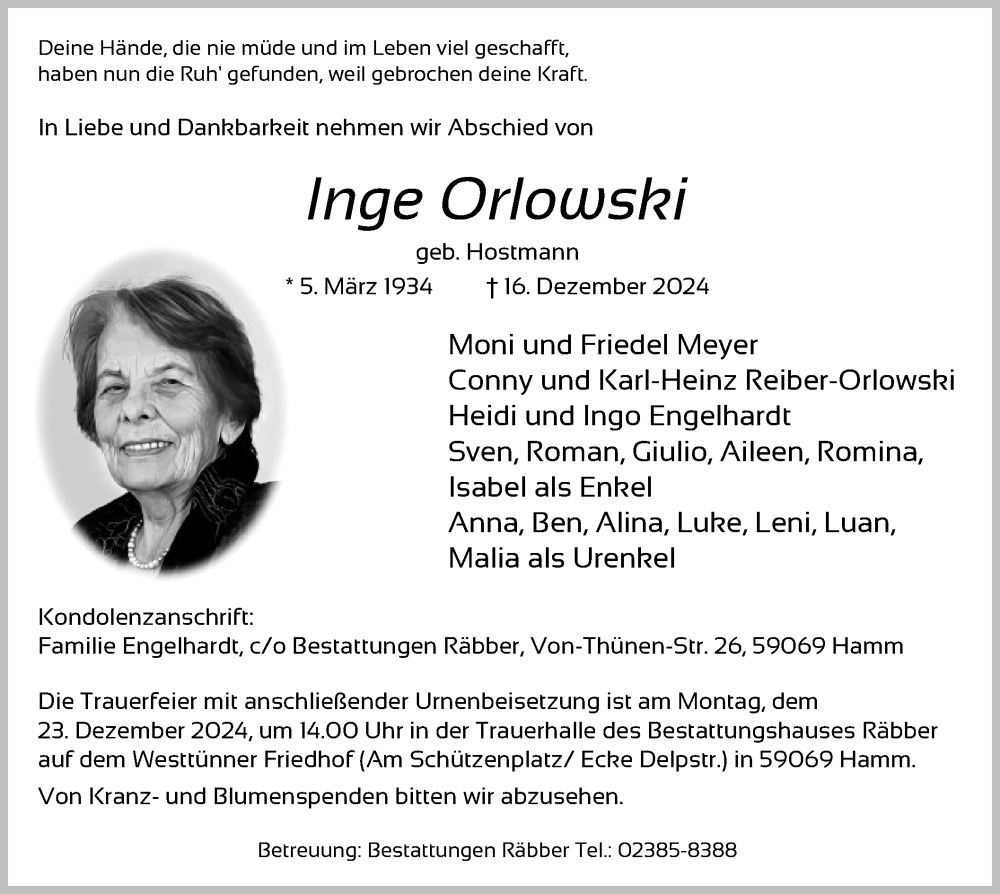  Traueranzeige für Inge Orlowski vom 21.12.2024 aus WA