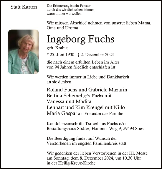 Traueranzeige von Ingeborg Fuchs von WA