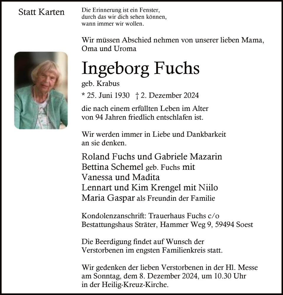  Traueranzeige für Ingeborg Fuchs vom 07.12.2024 aus WA