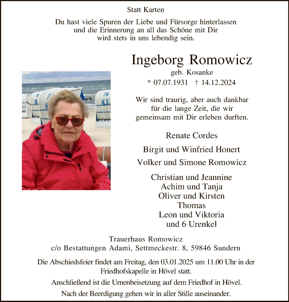  Traueranzeige für Ingeborg Romowicz vom 21.12.2024 aus WA
