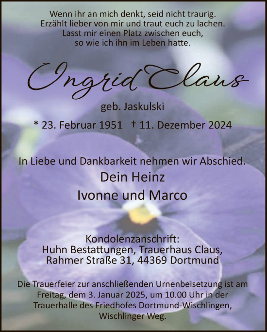 Traueranzeige von Ingrid Claus von WA