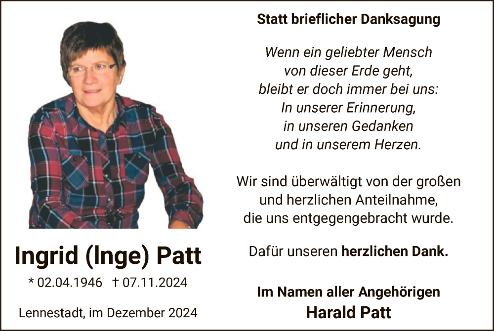  Traueranzeige für Ingrid Patt vom 21.12.2024 aus WA