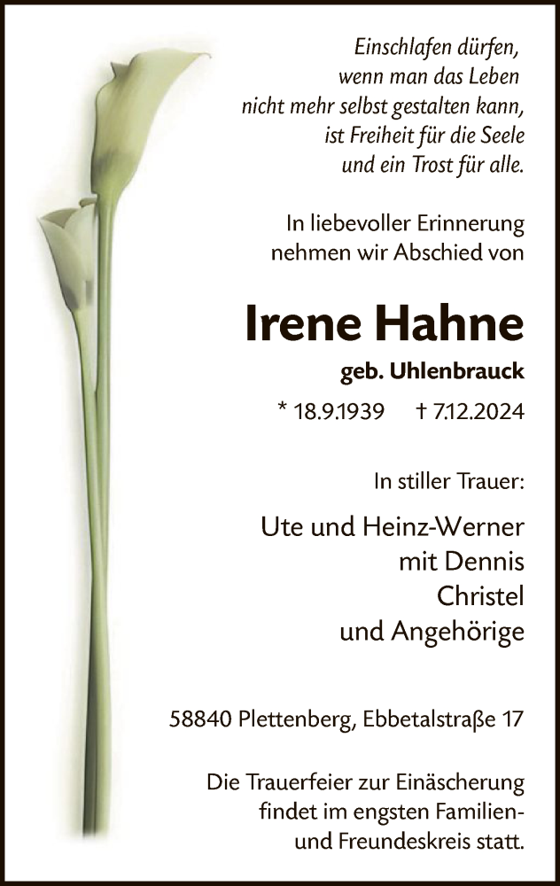  Traueranzeige für Irene Hahne vom 11.12.2024 aus WA