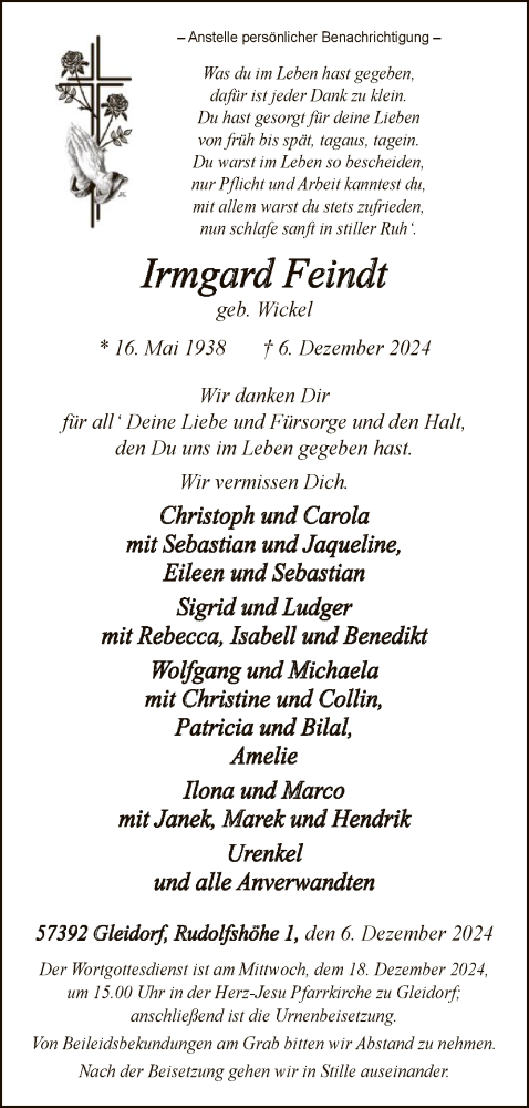  Traueranzeige für Irmgard Feindt vom 14.12.2024 aus WA