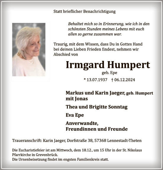 Traueranzeige von Irmgard Humpert von WA