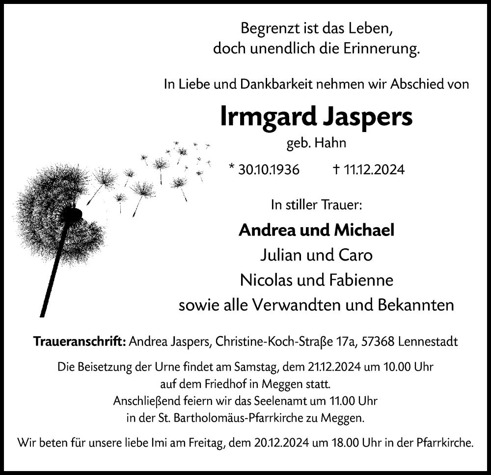  Traueranzeige für Irmgard Jaspers vom 14.12.2024 aus WA