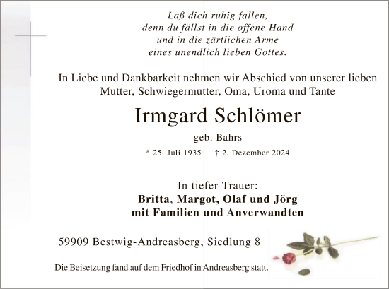 Traueranzeige von Irmgard Schlömer von WA