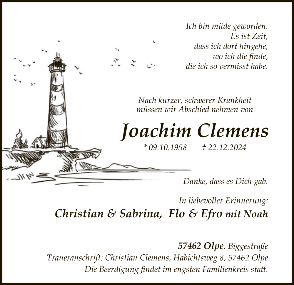  Traueranzeige für Joachim Clemens vom 28.12.2024 aus WA