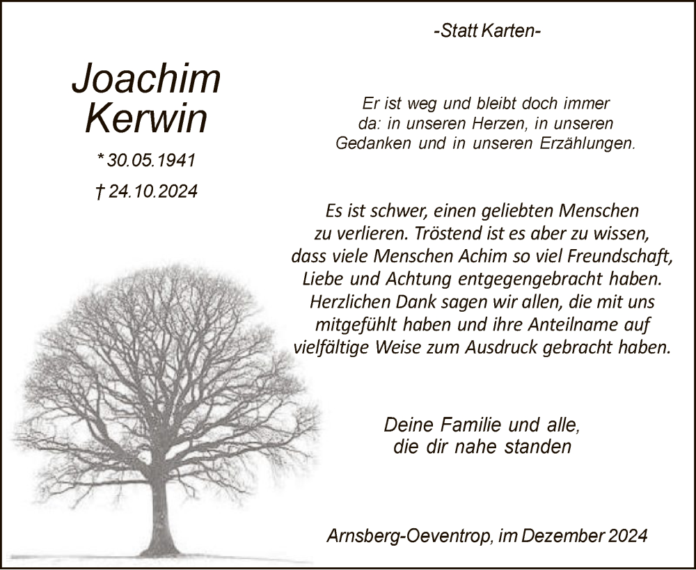  Traueranzeige für Joachim Kerwin vom 07.12.2024 aus WA