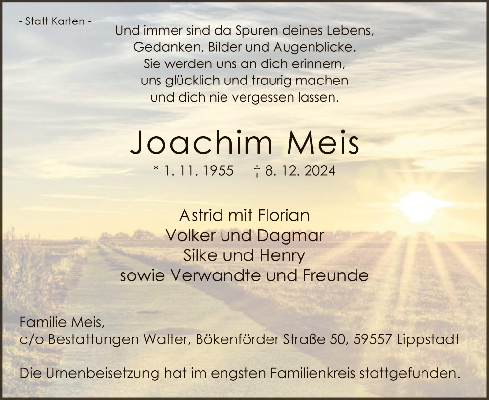  Traueranzeige für Joachim Meis vom 28.12.2024 aus WA
