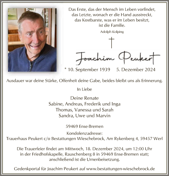 Traueranzeige von Joachim Peukert von WA