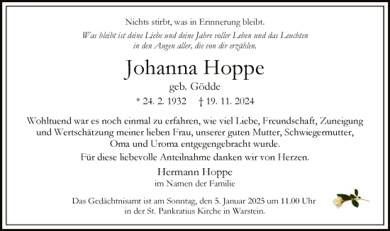 Traueranzeige von Johanna Hoppe von WA