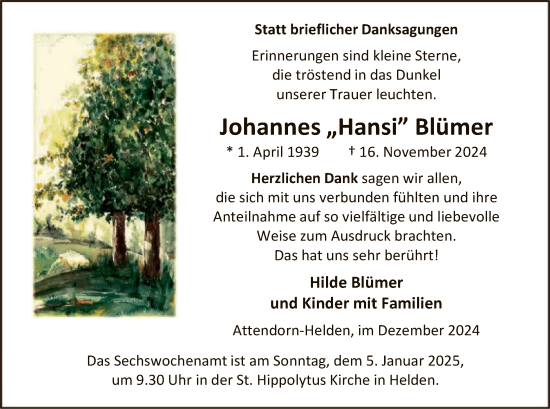 Traueranzeige von Johannes Blümer von WA