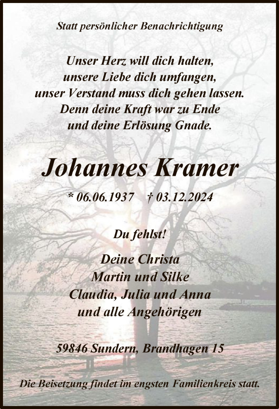 Traueranzeige von Johannes Kramer von WA
