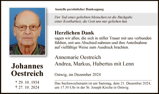 Traueranzeige von Johannes Oestreich von WA