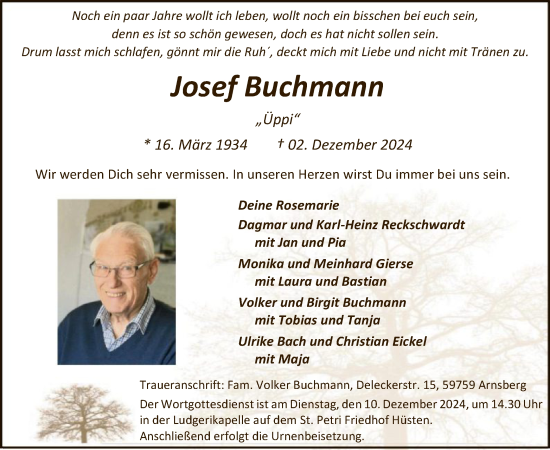 Traueranzeige von Josef Buchmann von WA