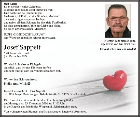 Traueranzeige von Josef Sappelt von WA