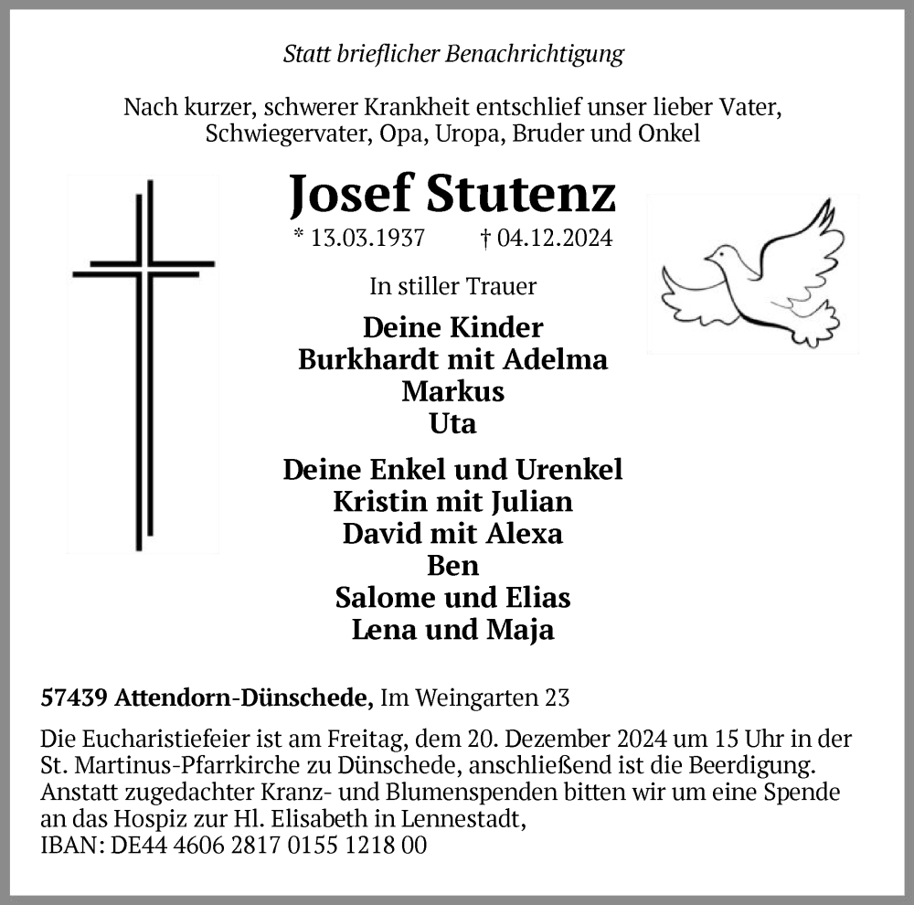  Traueranzeige für Josef Stutenz vom 07.12.2024 aus WA