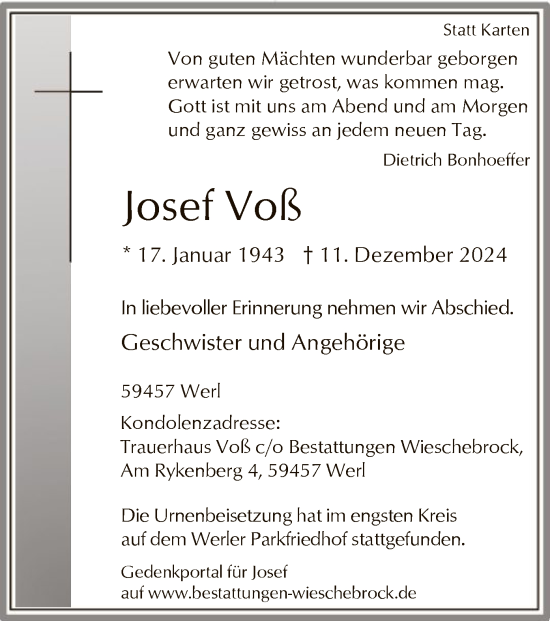 Traueranzeige von Josef Voß von WA