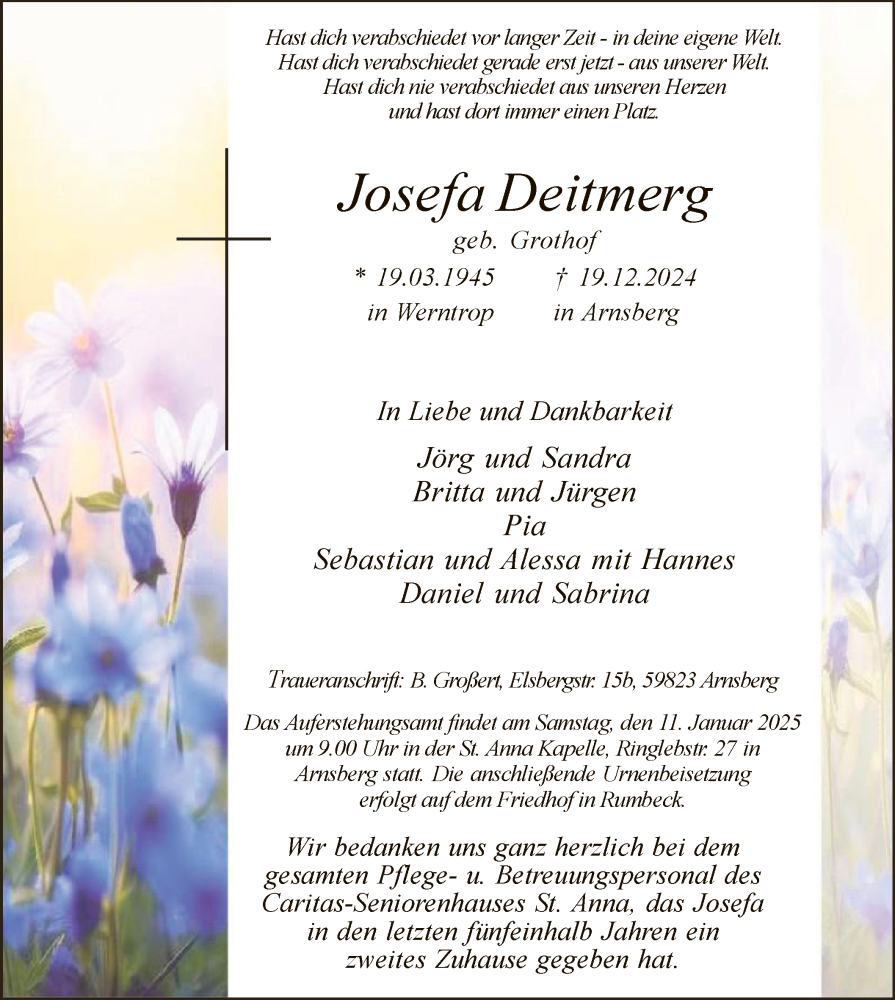  Traueranzeige für Josefa Deitmerg vom 28.12.2024 aus WA