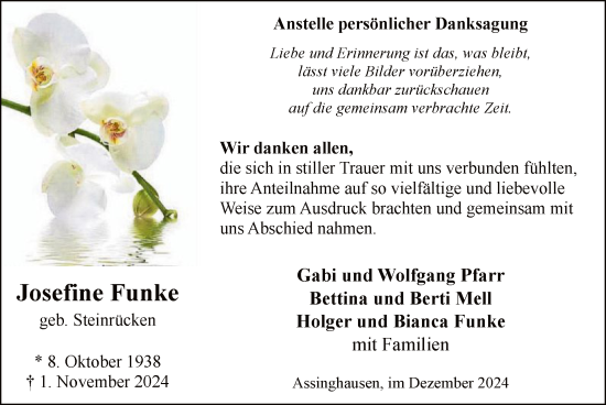 Traueranzeige von Josefine Funke von WA