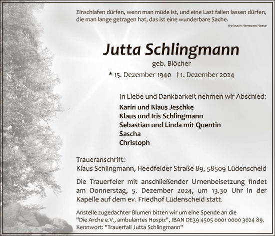 Traueranzeige von Jutta Schlingmann von WA