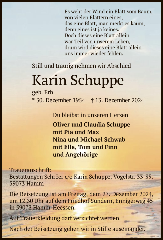  Traueranzeige für Karin Schuppe vom 21.12.2024 aus WA