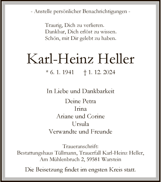 Traueranzeige von Karl-Heinz Heller von WA