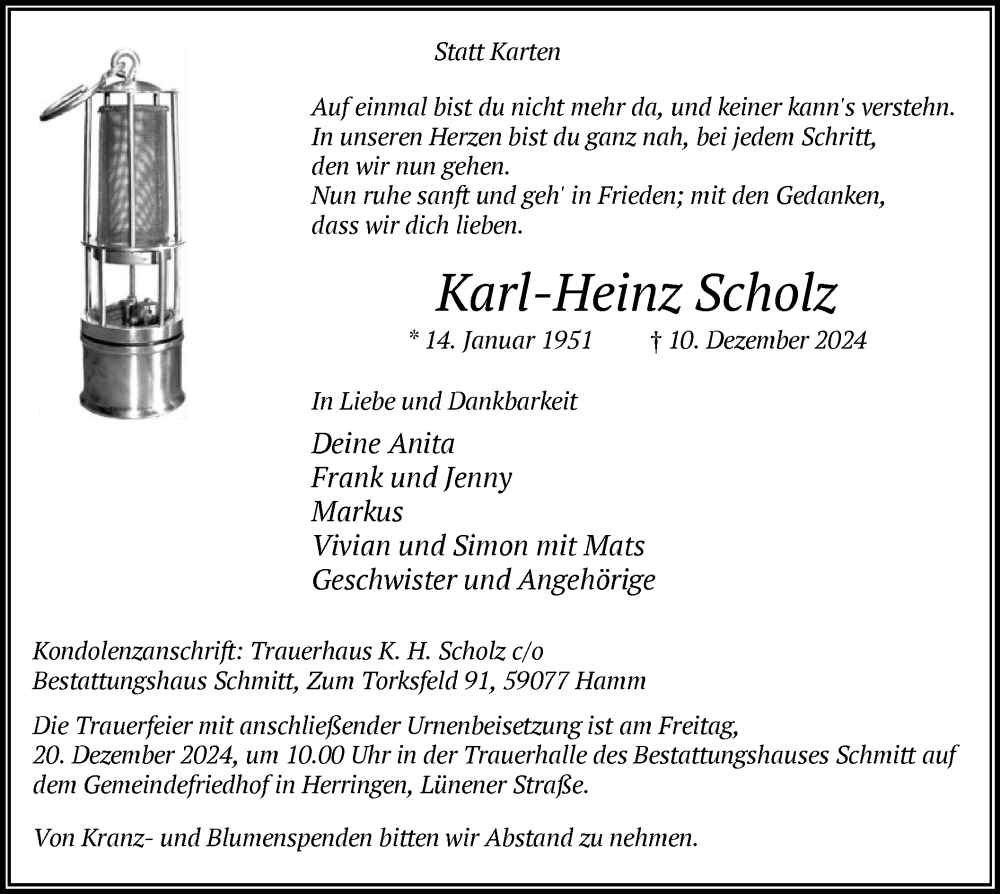  Traueranzeige für Karl-Heinz Scholz vom 14.12.2024 aus WA