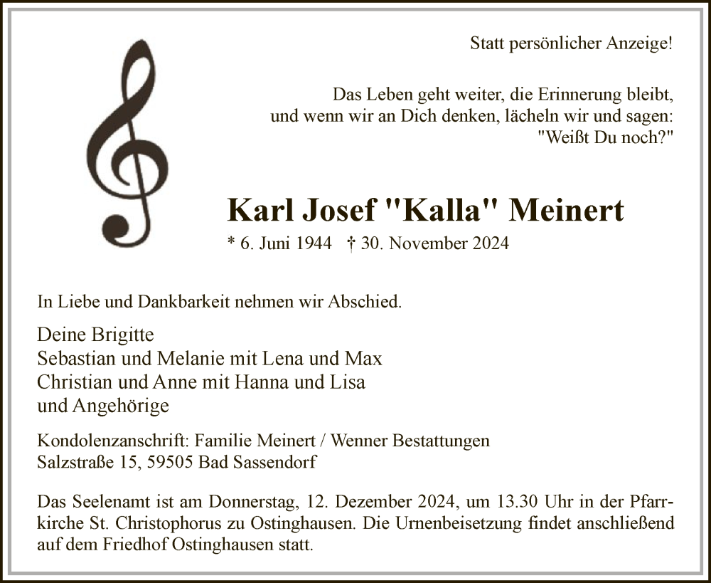  Traueranzeige für Karl Josef Meinert vom 07.12.2024 aus WA