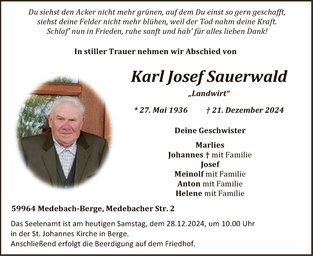  Traueranzeige für Karl Josef Sauerwald vom 28.12.2024 aus WA