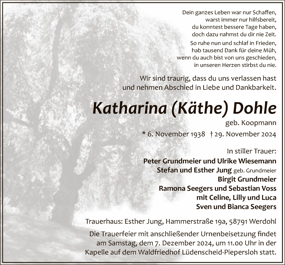  Traueranzeige für Katharina Dohle vom 03.12.2024 aus WA
