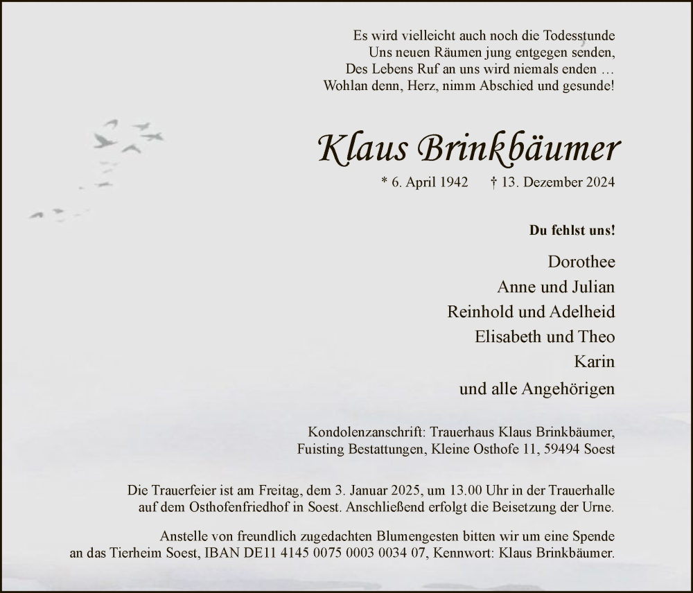  Traueranzeige für Klaus Brinkbäumer vom 21.12.2024 aus WA