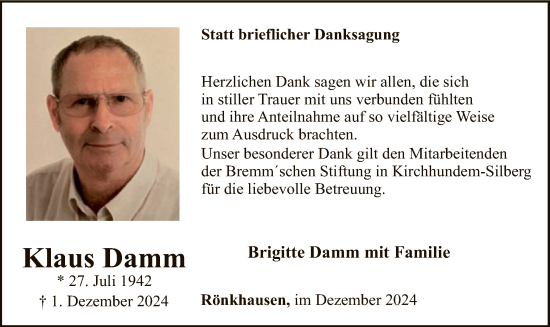 Traueranzeige von Klaus Damm von WA