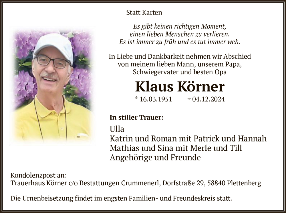  Traueranzeige für Klaus Körner vom 07.12.2024 aus WA
