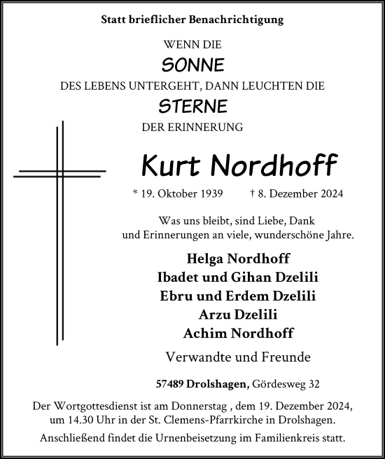 Traueranzeige von Kurt Nordhoff von WA