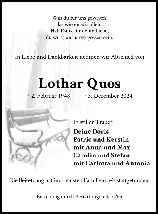 Traueranzeige von Lothar Quos von WA