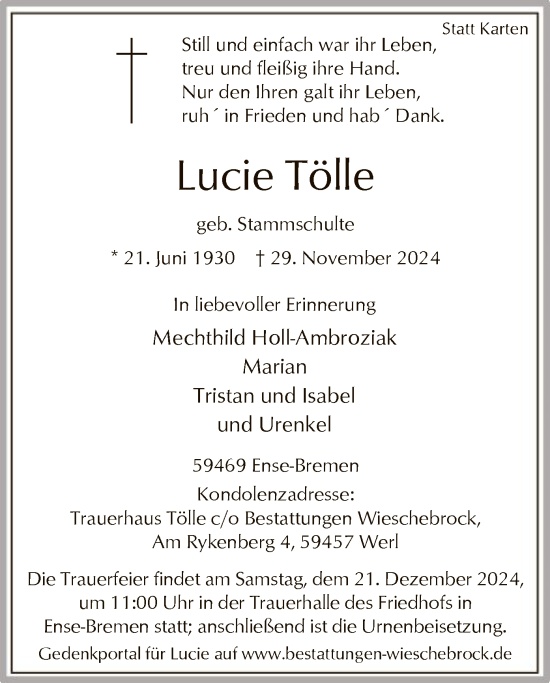 Traueranzeige von Lucie Tölle von WA