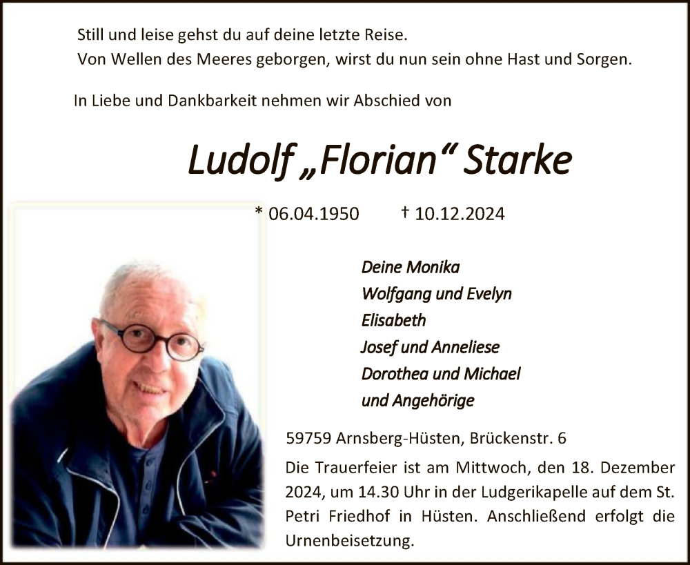  Traueranzeige für Ludolf Starke vom 14.12.2024 aus WA