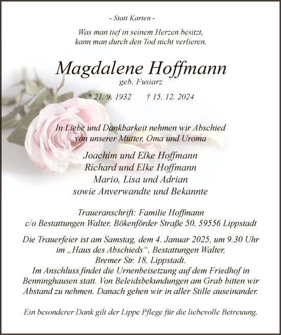 Traueranzeige von Magdalene Hoffmann von WA