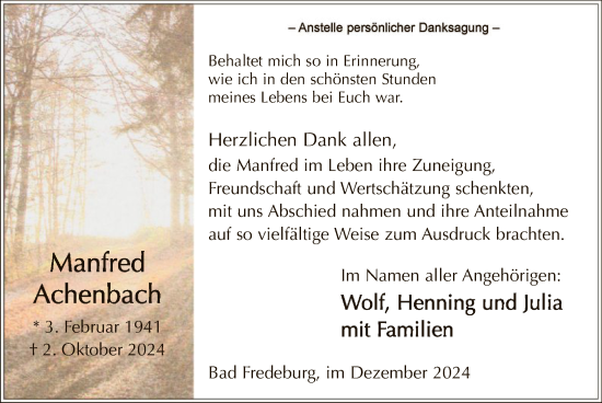 Traueranzeige von Manfred Achenbach von WA