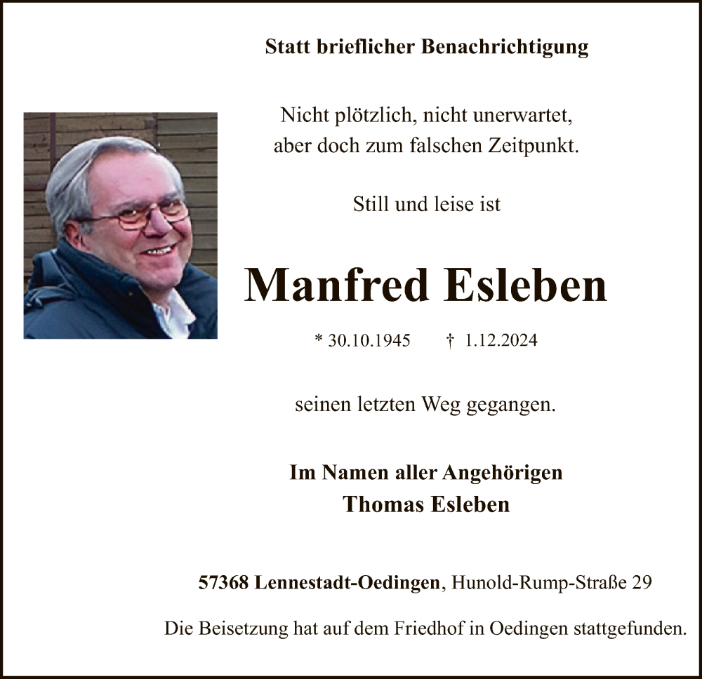  Traueranzeige für Manfred Esleben vom 14.12.2024 aus WA